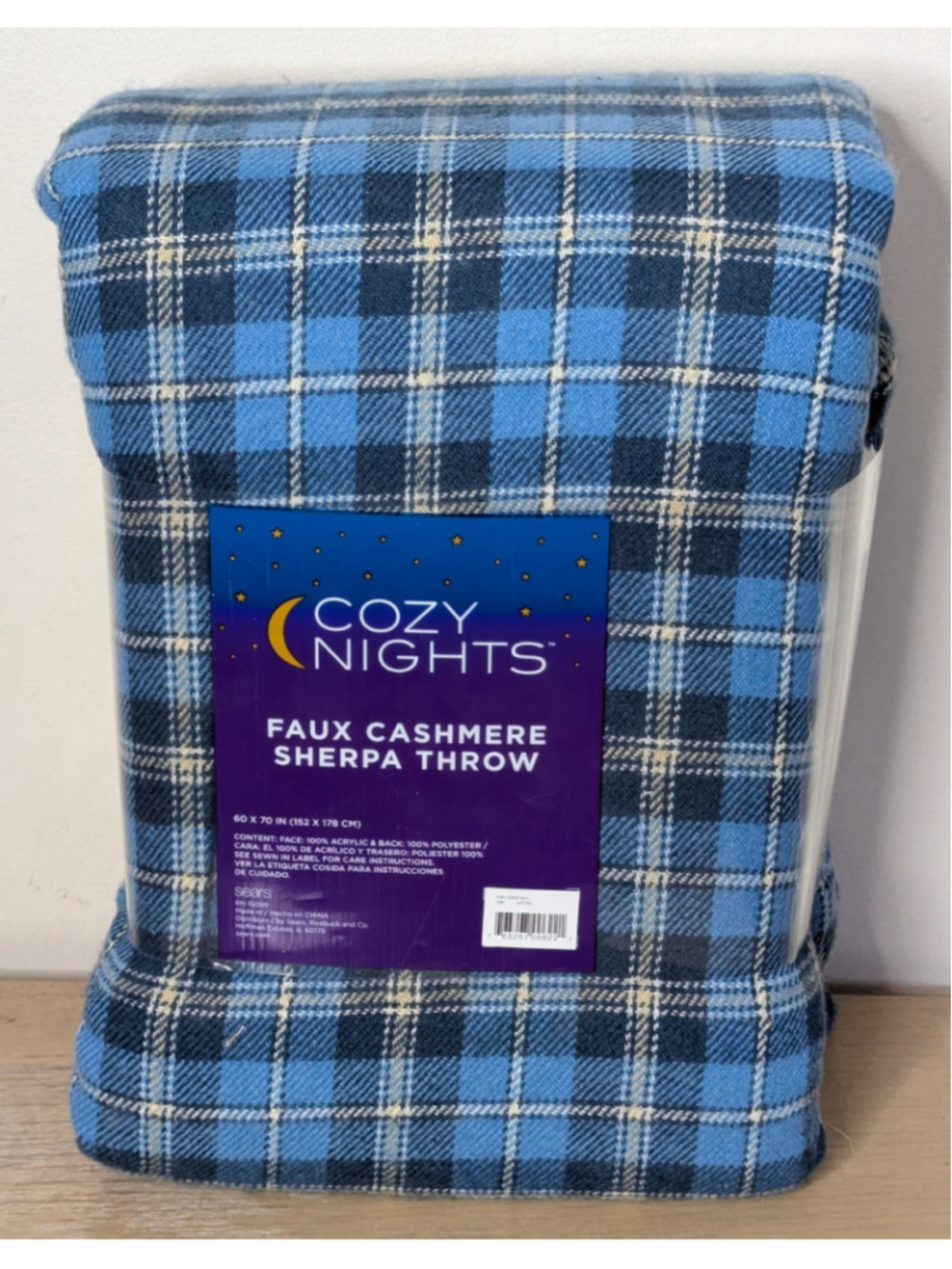 New Cozy Nights Faux Cashmere Sherpa Throw Blanket Blue Plaid 60"x70" Cozy - Picture 1 of 5